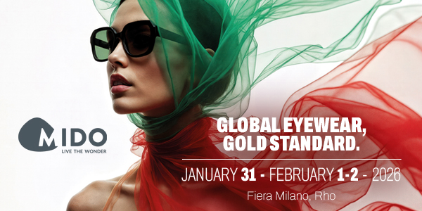 MIDO 2026 Global Eyewear Exhibition – Woman with sunglasses wrapped in Italian flag colors, event dates January 31 – February 2, 2026 at Fiera Milano Rho.